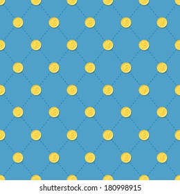 Seamless pattern of golden coins on blue back. Different currencies.
