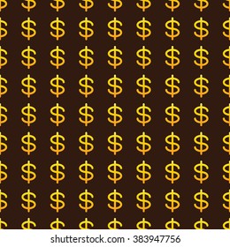 Seamless pattern with golden colored dollar sign isolated on brown background with golden dotes