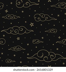 Seamless pattern with golden contour clouds and stars on dark background. Cute magical night sky vector illustration, space art. Perfect for luxury designs, night sky themes, and premium branding