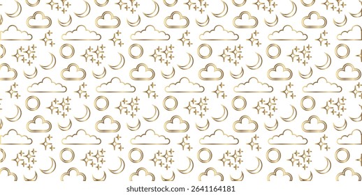 Seamless pattern with golden crescent moon, clouds and stars on white background