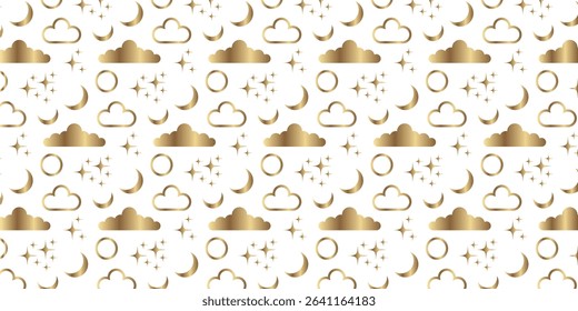Seamless pattern with golden crescent moon, clouds and stars on white background