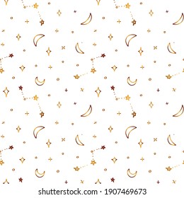 Seamless pattern with golden crescents and stars. The golden pattern of constellations and other hand-drawn celestial elements. Vector stock illustration on a white background.