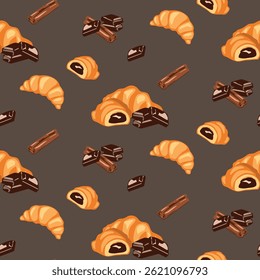 Seamless pattern of golden croissants filled with chocolate and surrounded by sweet cinnamon sticks on dark background