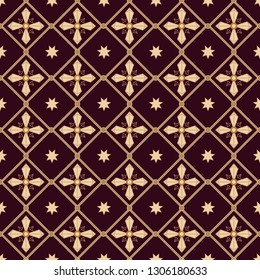 Seamless pattern "Golden crosses and stars in diamonds". Vector