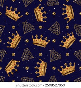 Seamless pattern with golden crown, diamonds, jewelry chains. Dark blue background. Vintage style.