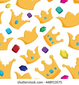 Seamless pattern of golden crown with gems and diamond
