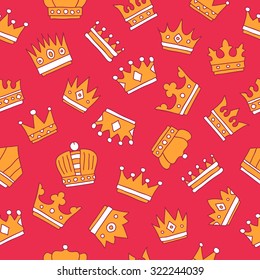 Seamless pattern of golden crown on a pink background. Vector.