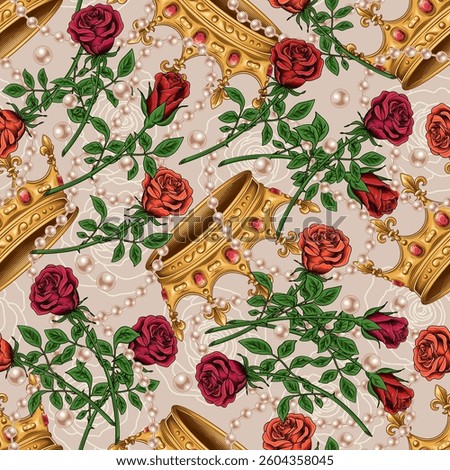 Seamless pattern with golden crown, scattered jewelry, pearl necklaces, red roses with stem. Chaotic scattered objects on light background. Luxury kitsch vintage style.