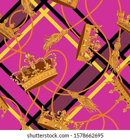 Seamless pattern with golden crowns and baroque tassels. Vector striped patch for scarfs, print, fabric.