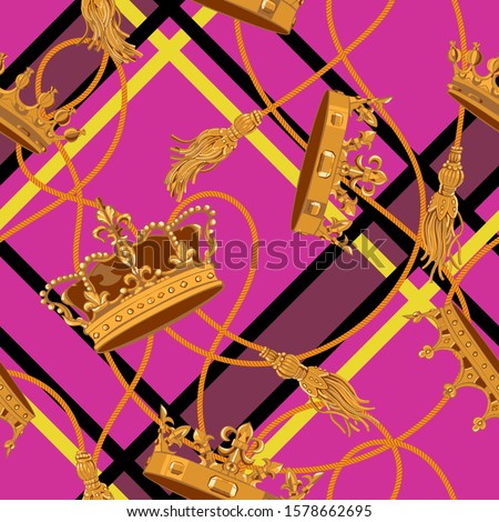 Seamless pattern with golden crowns and baroque tassels. Vector striped patch for scarfs, print, fabric.