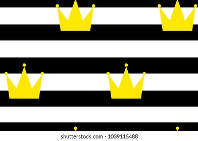 seamless pattern of golden crowns on striped background. 