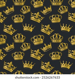 Seamless pattern of golden crowns of various designs on a dark background.  Illustration for wallpaper, fabric design or other decorative purposes.