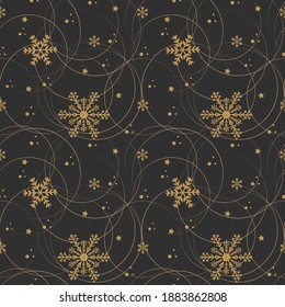 Patrón sin foco. Los copos de nieve de cristal dorado brillan sobre un fondo oscuro. Para tela, textil, papel envolvente, invitación, papel pintado y diseño.Ilustración vectorial