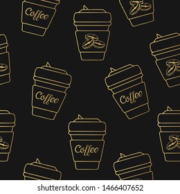 Seamless pattern with golden cup for take away with hot drink. Concept illustration in gold color for coffee to go shop background.