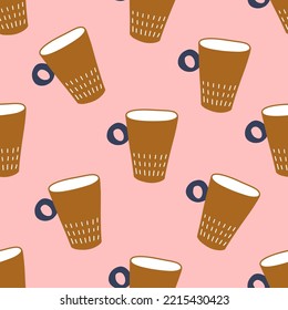 Seamless Pattern Of Golden Cups. Vintage Style On Pink Background. Design Print To Social Media, Kitchen Textile, Wallpaper, Wrapping Paper. Element For Pottery Studio, Tableware Store, Home Decor.