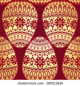 Seamless pattern with golden decorative eggs. Beautiful ornament in folklore style. Vector colorful background.