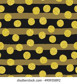 Seamless pattern. Golden different spots on background stripe brushstrokes. Hand drawn vector illustration