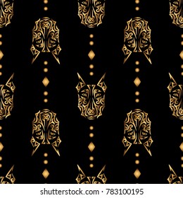 Seamless pattern with golden doberman dog head stylized Maori face tattoo on black background. Dog is symbol of Chinese 2018 New year. Vector.