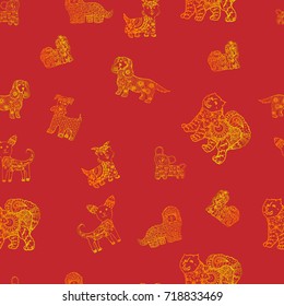 Seamless pattern with golden dogs on a red background