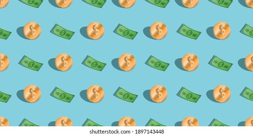 Patrón sin soldadura: monedas en dólares dorados y billetes verdes con fondo azul claro. Impresión vectorial realista, efecto 3D, metal dorado. Dinero, riqueza, ganancia, banco, moneda, efectivo, casino, ganancia en bote.