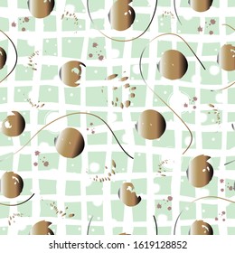 Seamless Pattern with golden dots, paint splashes, curves, circles, ink brush, etc. Hand Drawn Design.
