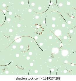 Seamless Pattern with golden dots, paint splashes, curves, circles, ink brush, etc. Hand Drawn Design. Great for wall art design, gift paper, wrapping, fabric, textile, etc.