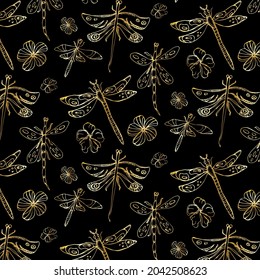 Seamless pattern with golden dragonflies and flowers isolated on black background. Golden elegant ornament. Vector illustration.