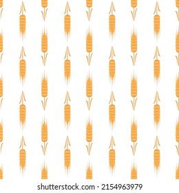 Seamless pattern with golden ear of wheat on white background. Print of grains for making flour, baking bread and other food. Vector flat illustration