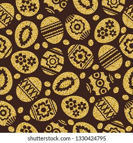 Seamless pattern of golden Easter eggs isolated on brown background. Gold Easter Eggs decorated with flowers. Print design, label, sticker, scrap booking, vector illustration