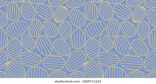 Seamless pattern with golden Easter eggs on a pastel blue background. Elegant hand-drawn lines create a soft and luxurious look, perfect for holiday-themed prints and wrapping