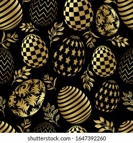 Seamless pattern Golden eggs with geometric patterns, abstract ornament on a black background. Vector illustration of happy easter characters. Vector stock isolated illustration.