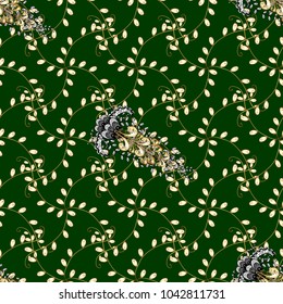 Seamless pattern. Golden element on blue, white and yellow colors. Golden floral wallpaper. Gold blue, white and yellow floral ornament in baroque style. Damask background.
