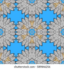 Seamless pattern. Golden element on blue background. Gold blue floral ornament in baroque style. Damask background. Golden floral wallpaper.