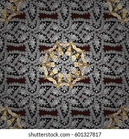 Seamless pattern. Golden element on brown background. Golden floral wallpaper. Gold brown floral ornament in baroque style. Damask background.
