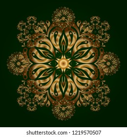 Seamless pattern with golden elements, curls and ornaments on a green background. Vector oriental style arabesques.