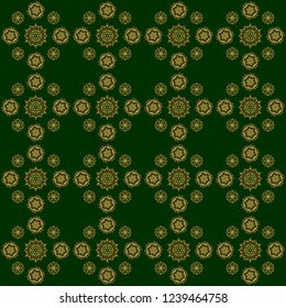 Seamless pattern with golden elements, curls and ornaments on a green background. Vector oriental style arabesques.