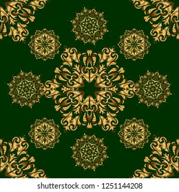 Seamless pattern with golden elements, curls and ornaments on a green background. Vector oriental style arabesques.