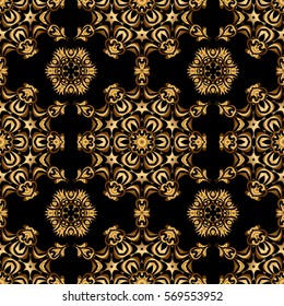 Seamless pattern with golden elements, curls and ornaments on a black background. Vector oriental style arabesques.