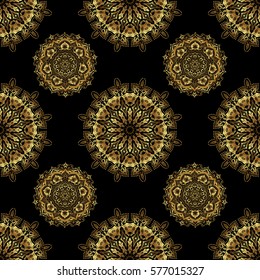 Seamless pattern with golden elements, curls and ornaments on a black background. Vector oriental style arabesques.