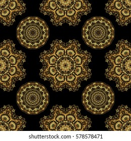 Seamless pattern with golden elements, curls and ornaments on a black background. Vector oriental style arabesques.