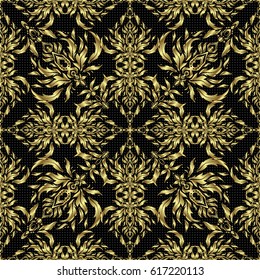Seamless pattern with golden elements, curls and ornaments on a black background. Vector oriental style arabesques.