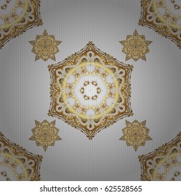Seamless pattern with golden elements, curls and ornaments on a gray background. Vector oriental style arabesques.