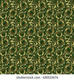 Seamless pattern with golden elements, curls and ornaments on a green background. Vector oriental style arabesques.