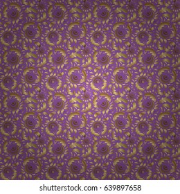Seamless pattern with golden elements, curls and ornaments on a violet background. Vector oriental style arabesques.