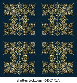 Seamless pattern with golden elements, curls and ornaments on a blue background. Vector oriental style arabesques.