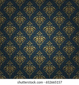 Seamless pattern with golden elements, curls and ornaments on a blue background. Vector oriental style arabesques.