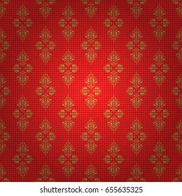 Seamless pattern with golden elements, curls and ornaments on a red background. Vector oriental style arabesques.