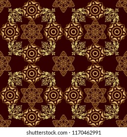Seamless pattern with golden elements for design in retro style. Universal vector pattern for wallpapers, textile, fabric, wrapping paper, packaging box etc. Vintage pattern on brown background.