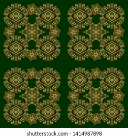 Seamless pattern with golden elements for design in retro style. Vintage pattern on green background. Universal vector pattern for wallpapers, textile, fabric, wrapping paper, packaging box etc.