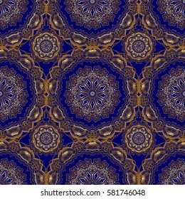 Seamless pattern with golden elements for design in retro style. Universal vector pattern for wallpapers, textile, fabric, wrapping paper, packaging box etc. Vintage pattern on blue background.
